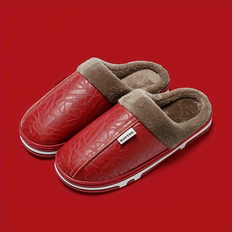 mens soft cozy house slippers anti skid fuzz lined slip on shoes with pu leather uppers for indoor walking autumn and winter details 5
