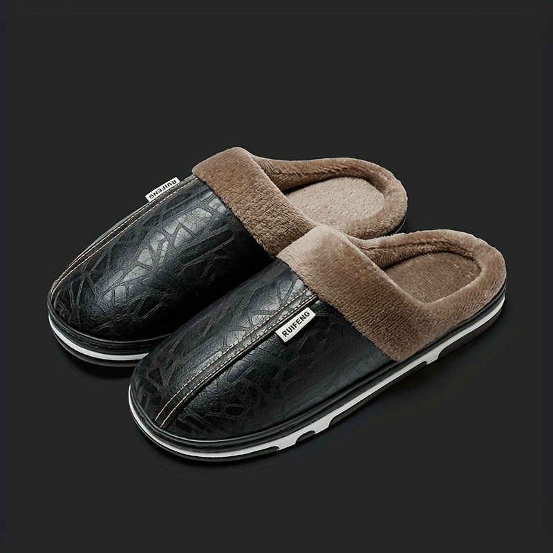 mens soft cozy house slippers anti skid fuzz lined slip on shoes with pu leather uppers for indoor walking autumn and winter details 1