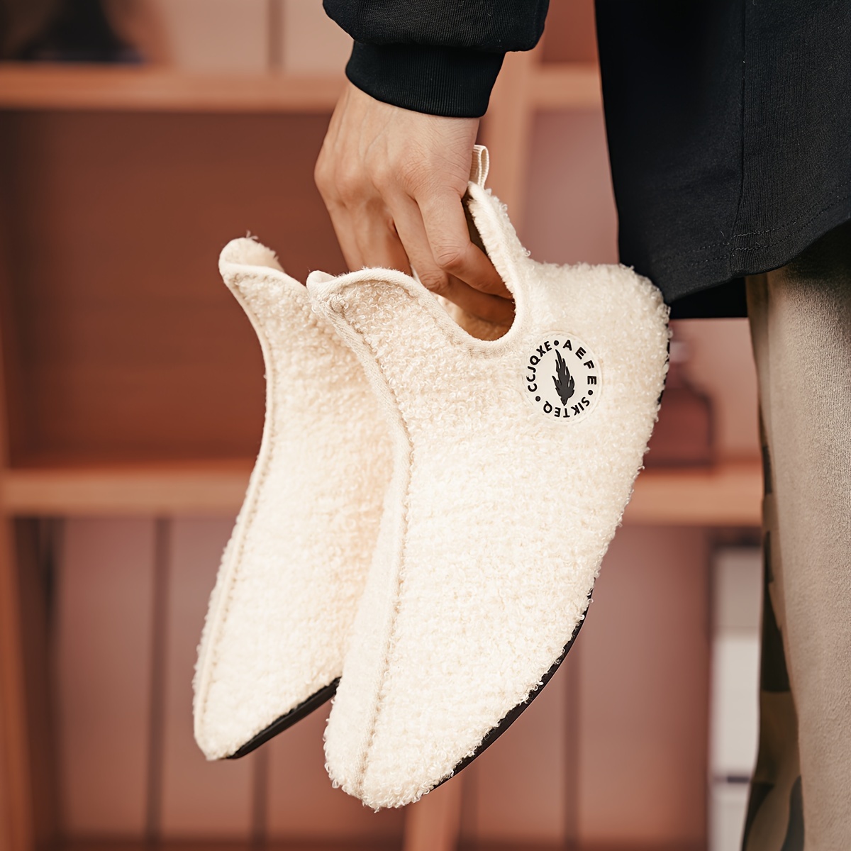 mens plush casual home slippers fuzz lined casual lightweight anti skid slip on shoes for indoor walking autumn and winter details 2