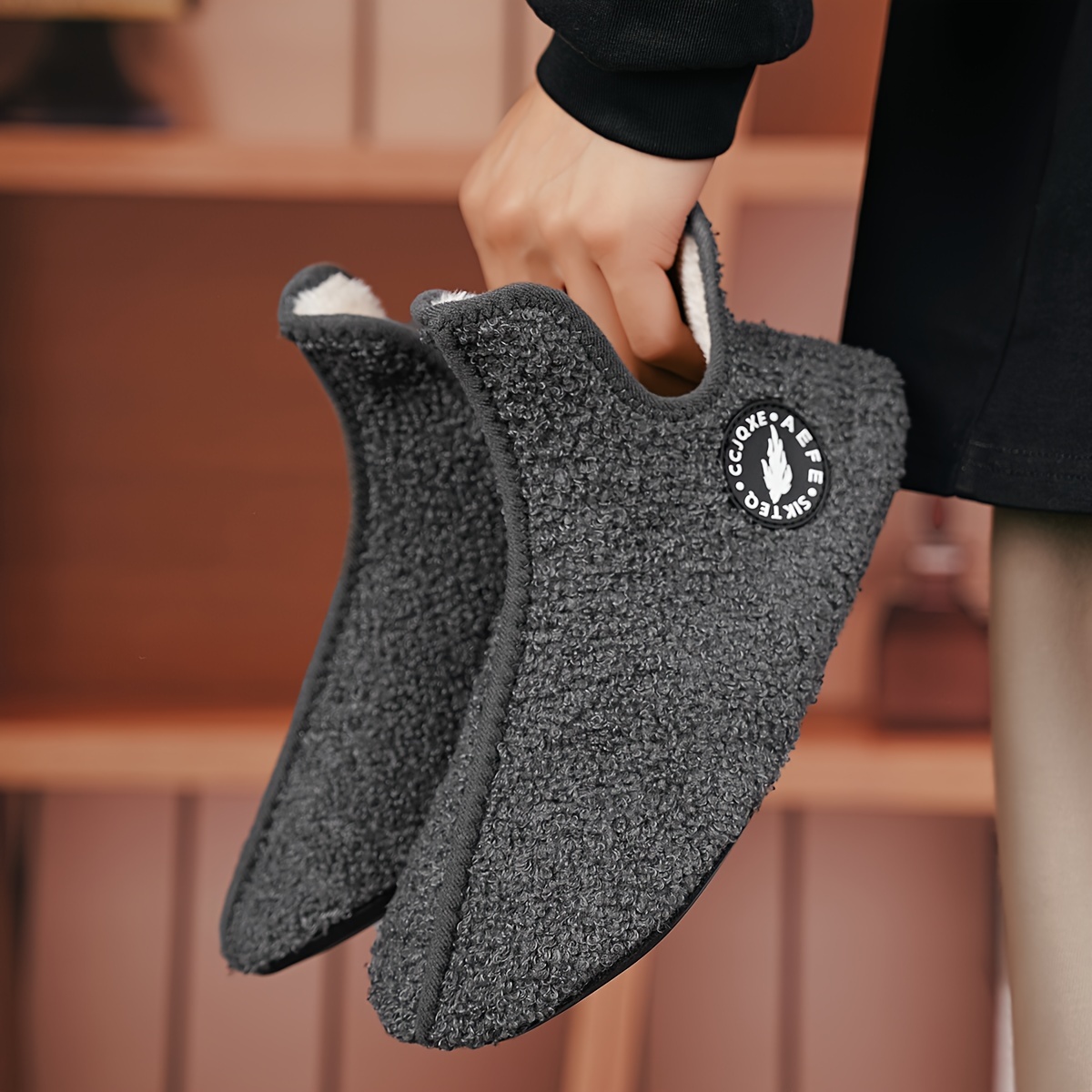 mens plush casual home slippers fuzz lined casual lightweight anti skid slip on shoes for indoor walking autumn and winter details 6