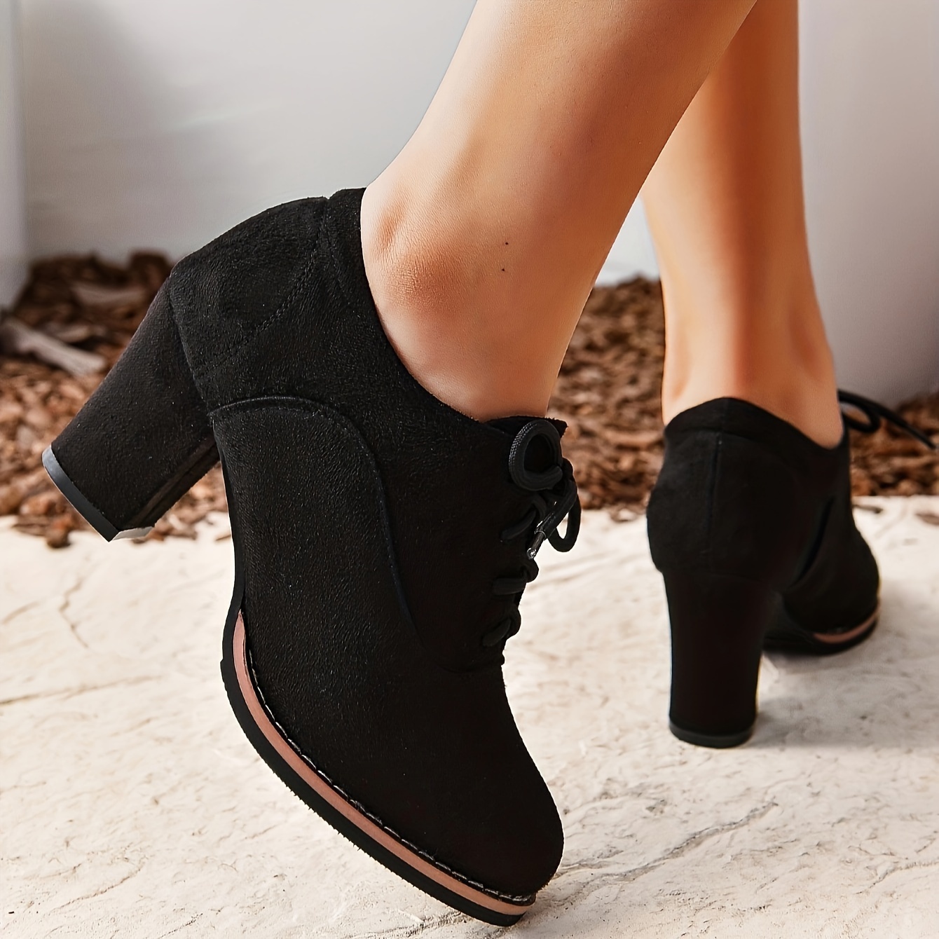 womens solid color trendy shoes lace up shallow mouth chunky heel casual shoes versatile round toe shoes details 4