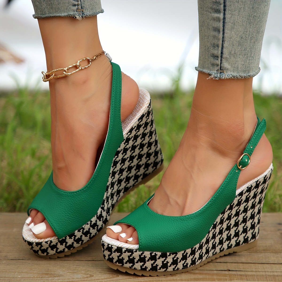 platform wedge houndstooth sandals solid color peep toe ankle buckle strap slingback shoes casual party sandals details 8
