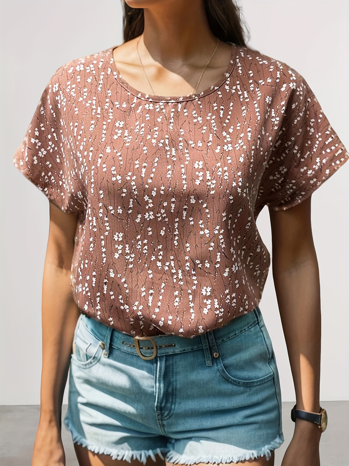 crew neck floral print blouse casual short sleeve blouse for spring summer womens clothing details 15
