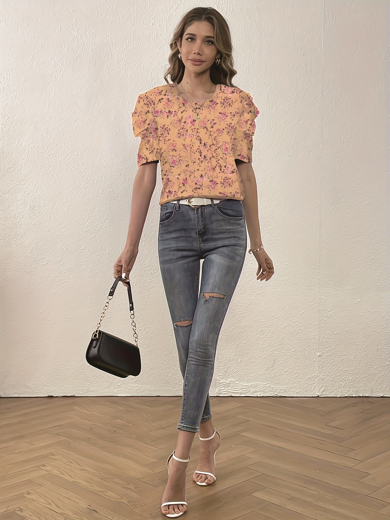 ditsy floral print blouse crew neck casual top for summer spring womens clothing details 4