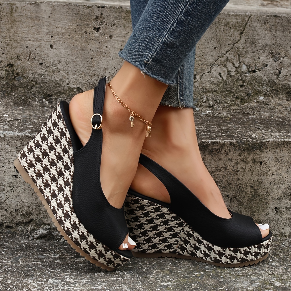platform wedge houndstooth sandals solid color peep toe ankle buckle strap slingback shoes casual party sandals details 2