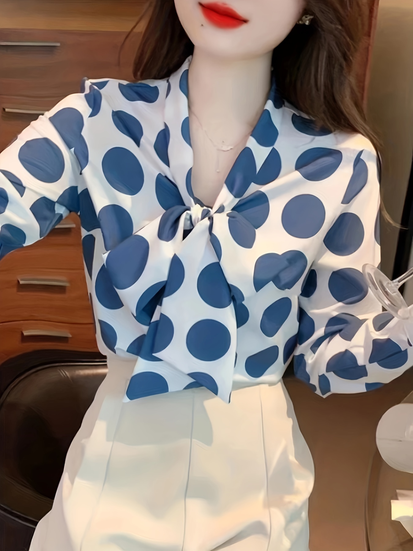 allover print tie neck blouse vintage long sleeve button front blouse for spring fall womens clothing details 4