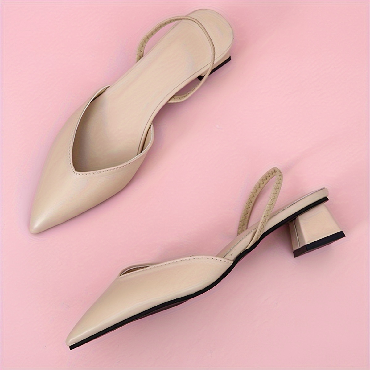 womens solid color chunky heels elegant point toe dress pumps stylish ankle strap heels details 1