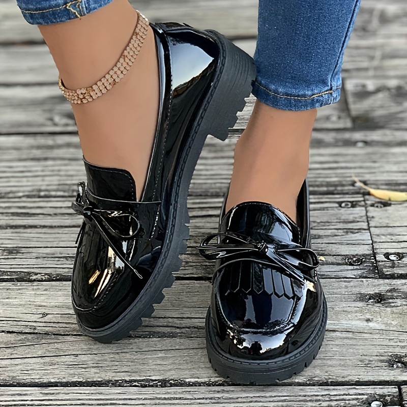 womens tassel bow loafers solid color round toe patent leather shoes all match slip on loafers details 7