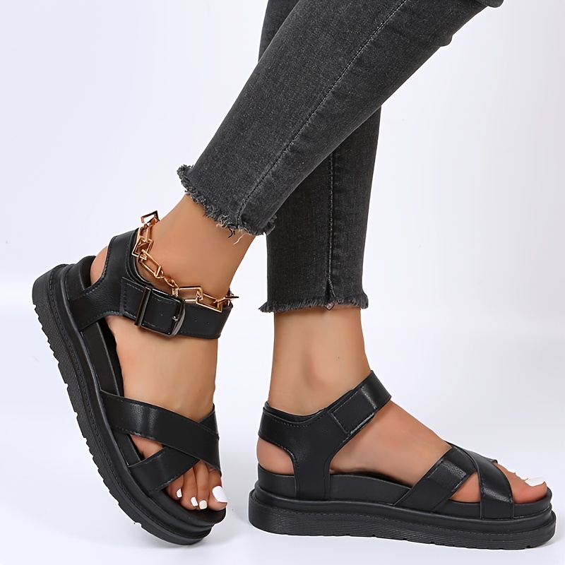 womens platform cross strap sandals solid color open toe ankle buckle strap shoes outdoor non slip sandals details 3