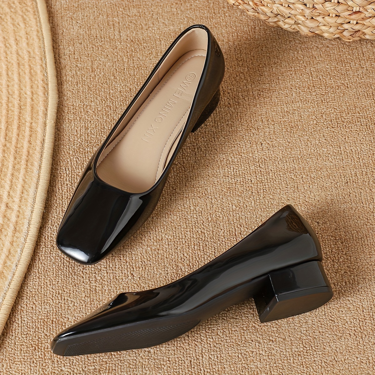 womens square toe chunky heels solid color slip on patent leather shoes all match work shoes details 6