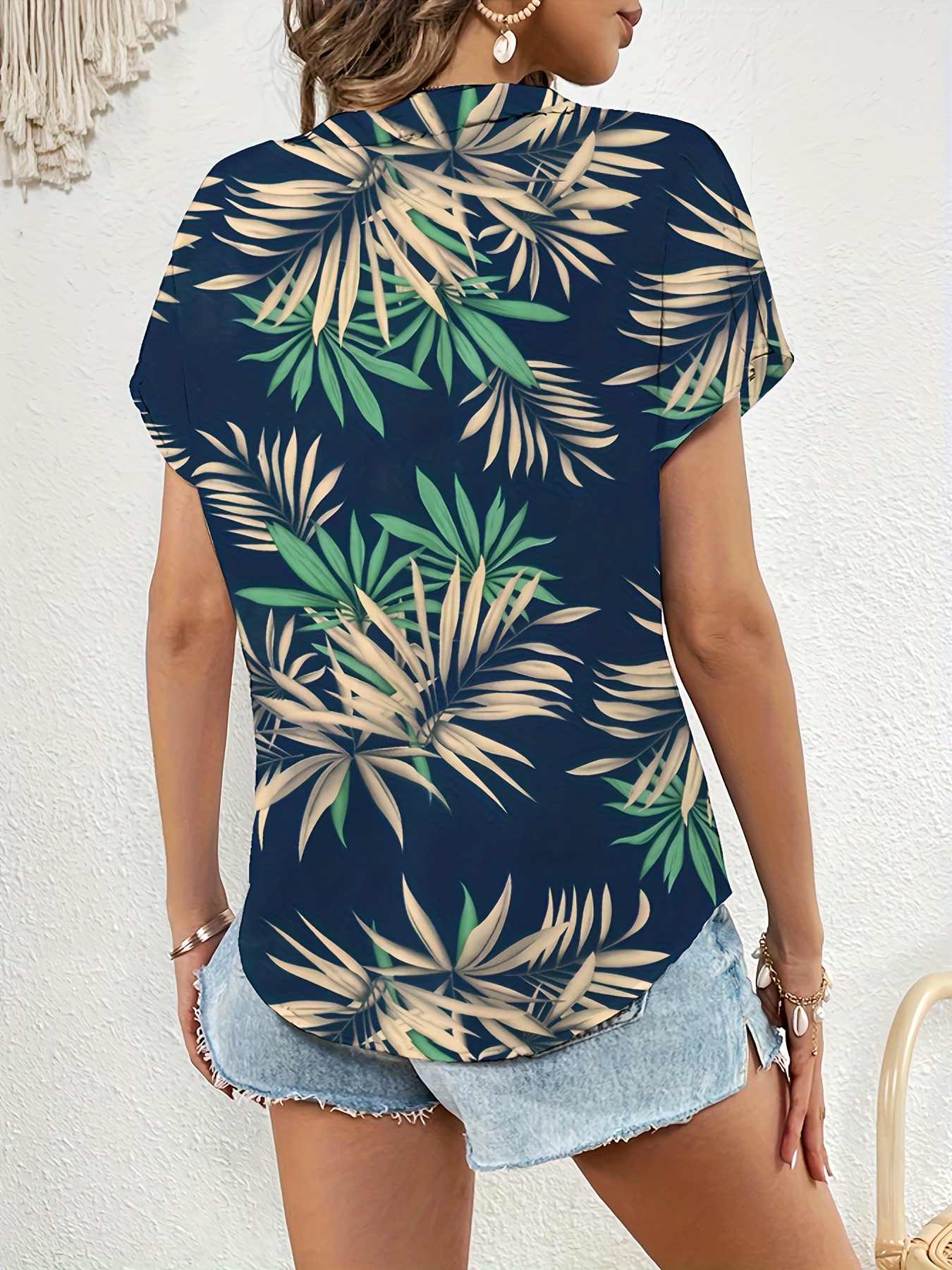 plant print blouse casual v neck short sleeve summer blouse womens clothing details 23