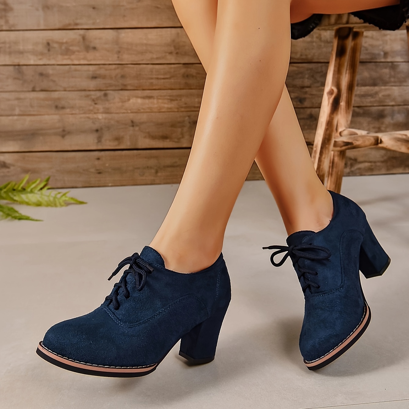 womens solid color trendy shoes lace up shallow mouth chunky heel casual shoes versatile round toe shoes details 6