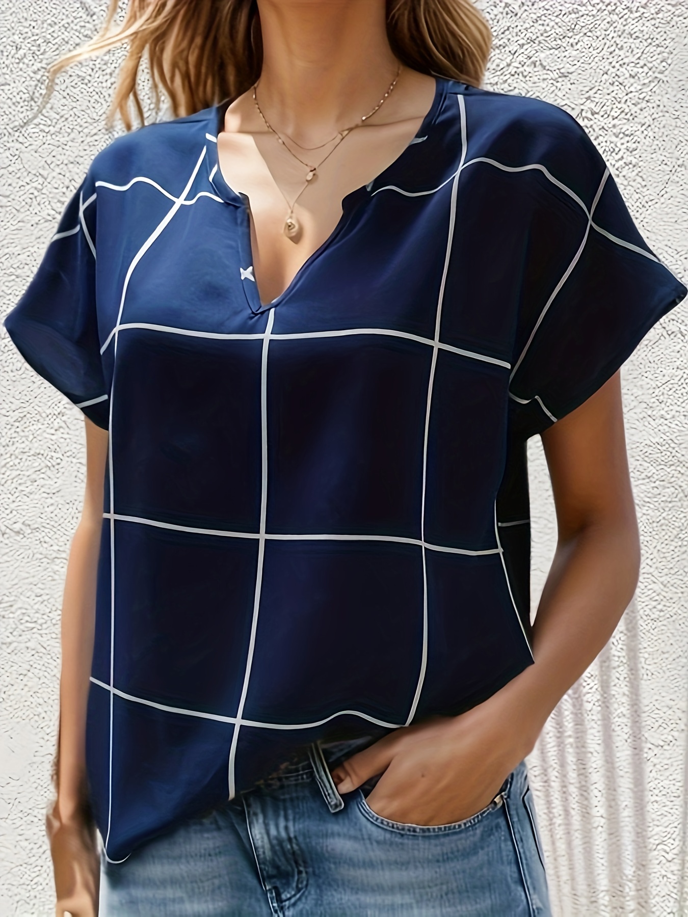 plaid notched neck blouse casual short sleeve blouse for spring summer womens clothing details 1