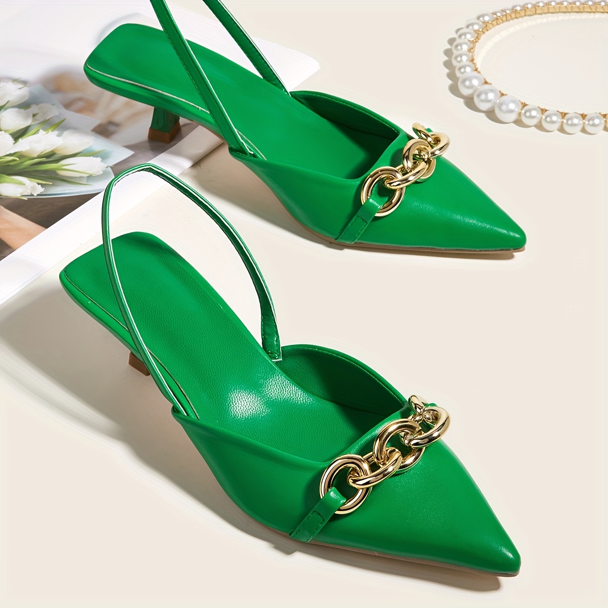 womens slingback kitten heels metallic chain decor pointed toe slip on sandals solid color dress low heels details 3