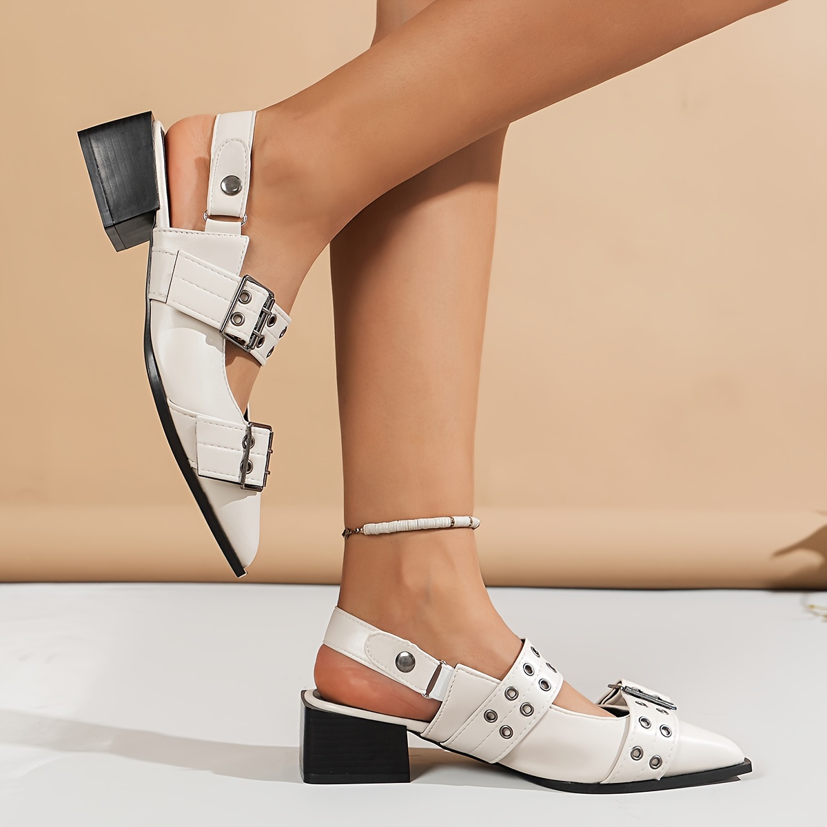 womens solid color trendy sandals buckle decor strap casual chunky heel slides shoes point toe summer comfy shoes details 6