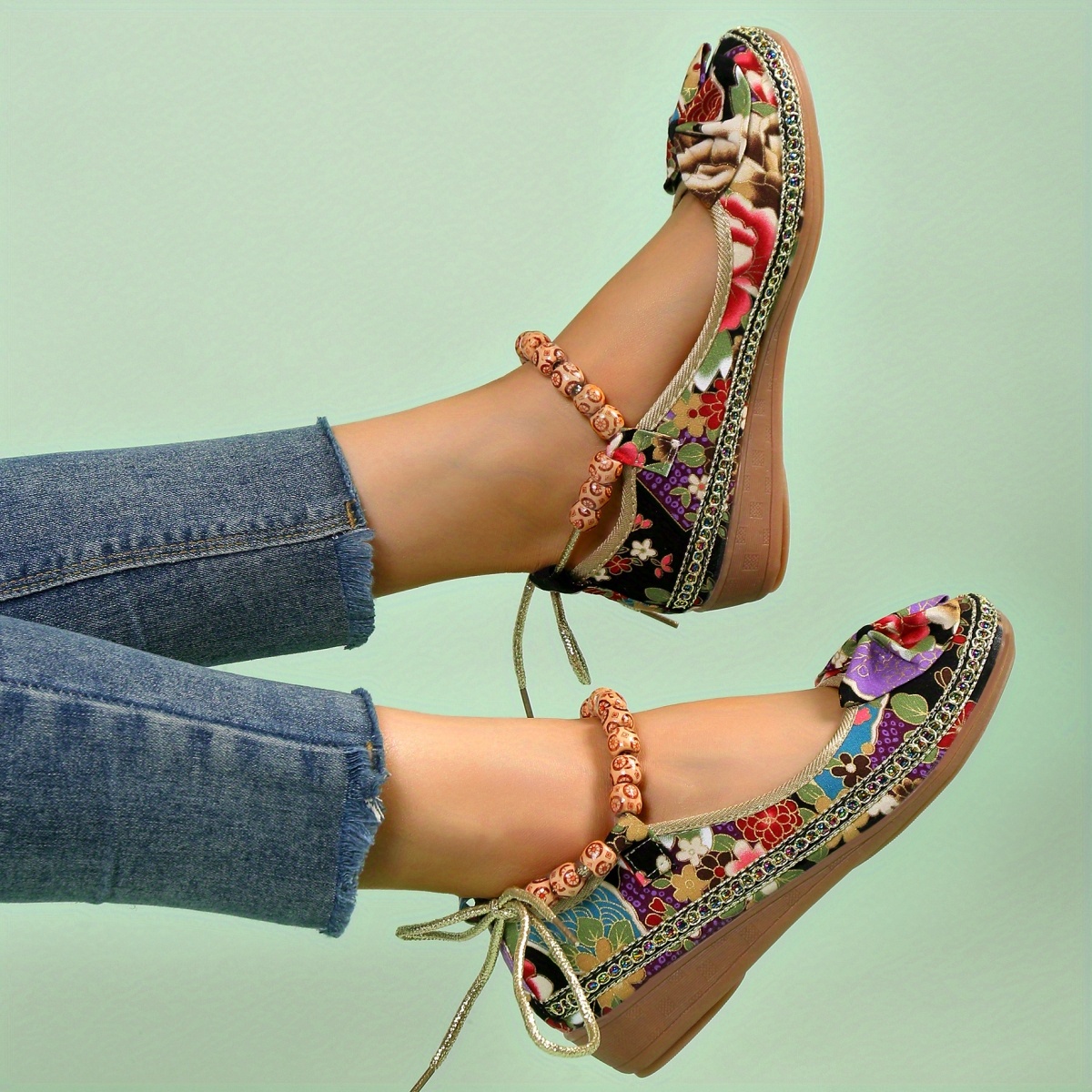 womens fashion bowknot decor linen flat shoes colorful beaded strap slip on wedge shoes ethnic style shoes details 0
