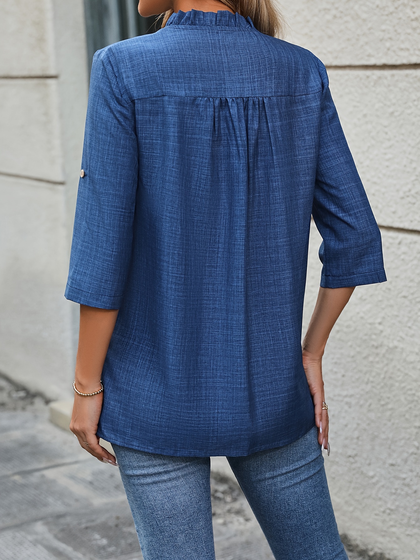 solid notched neck simple blouse casual 3 4 sleeve blouse for spring fall womens clothing details 4