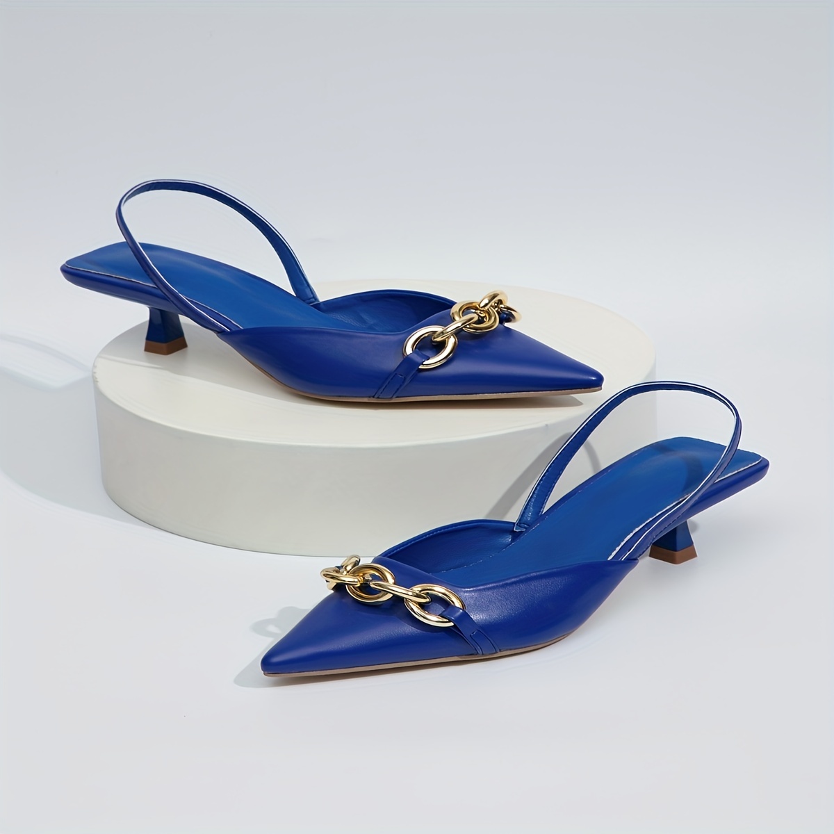 womens slingback kitten heels metallic chain decor pointed toe slip on sandals solid color dress low heels details 6