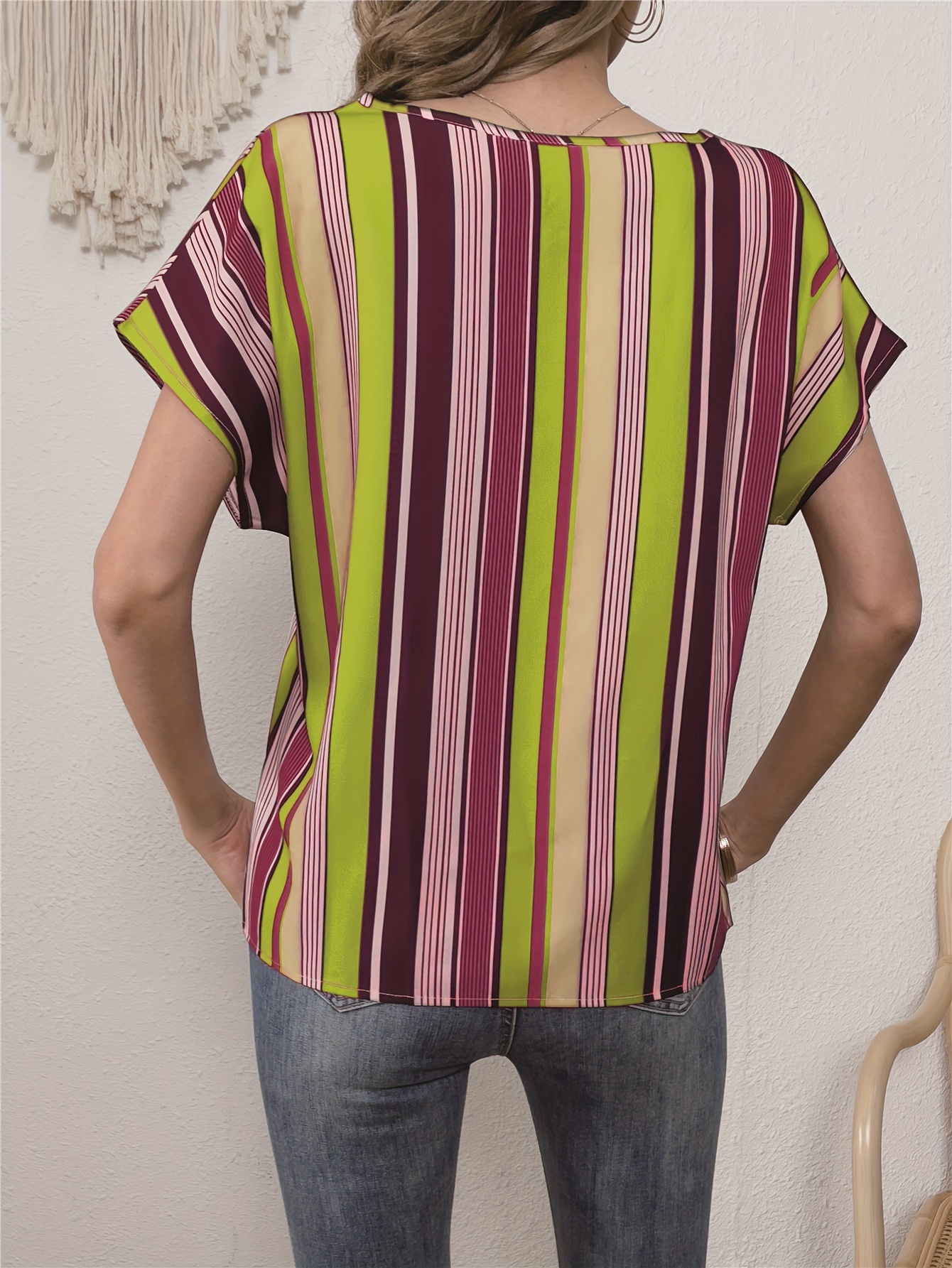 colorful striped blouse elegant crew neck short sleeve comfy blouse womens clothing details 7
