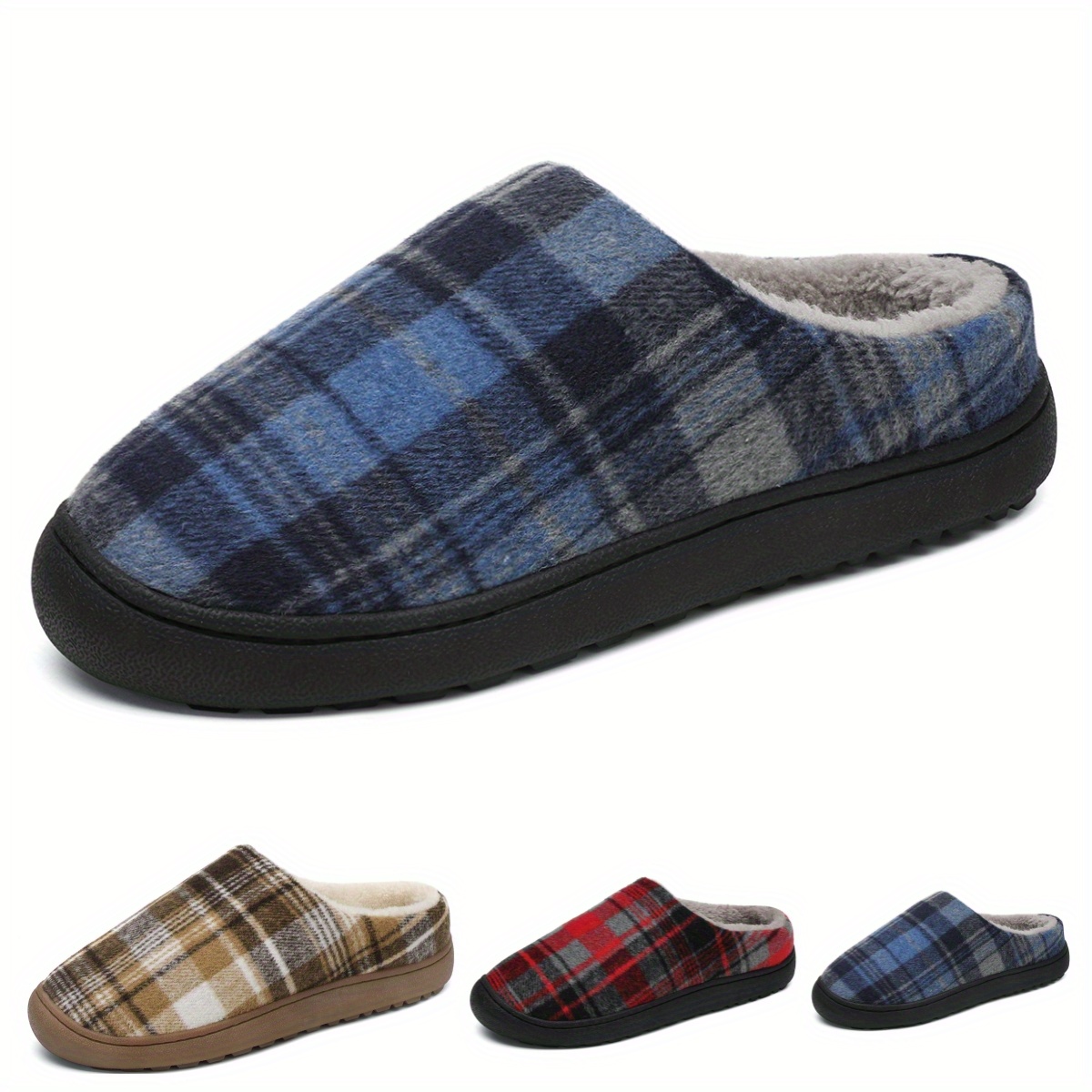 plaid home slippers soft plush cozy house slippers anti skid slip on shoes indoor for men winter shoes details 0