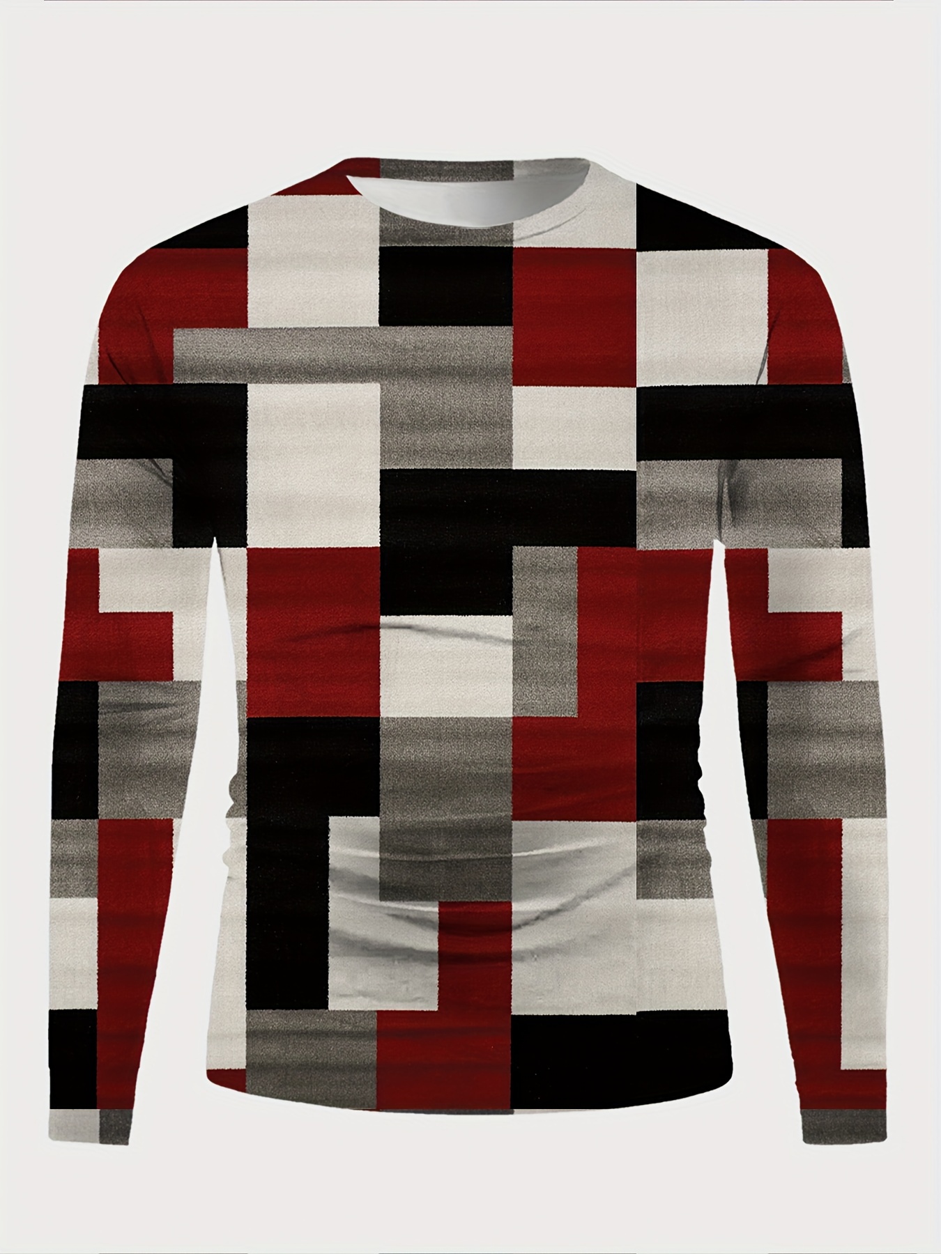 color block checked mens retro long sleeve crew neck t shirt spring fall details 2
