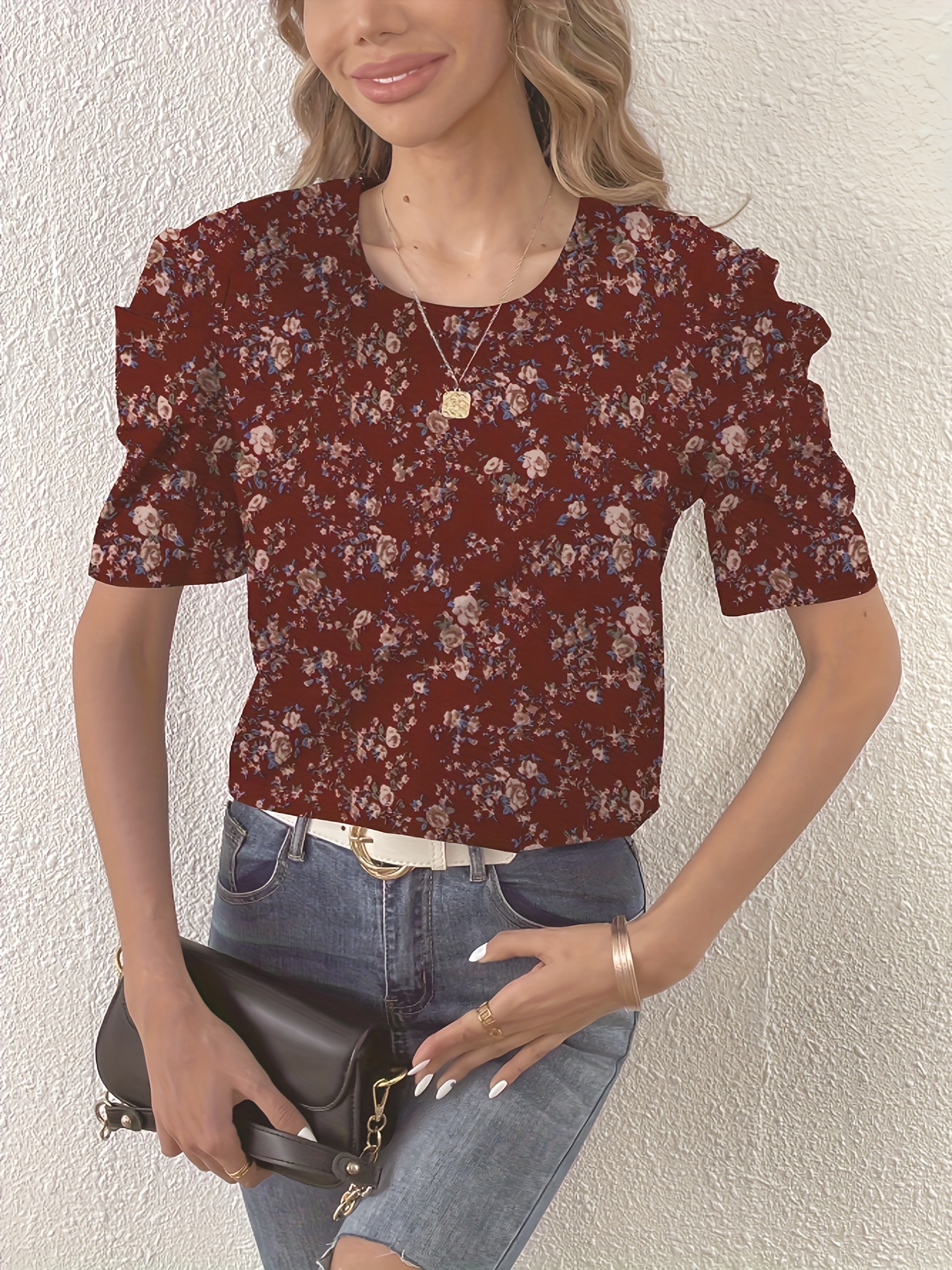 ditsy floral print blouse crew neck casual top for summer spring womens clothing details 5