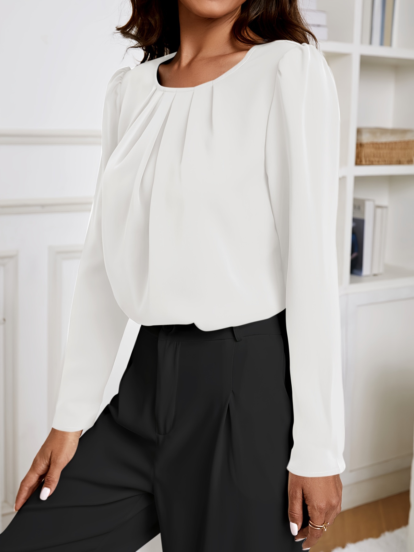solid crew neck ruched blouse elegant long sleeve blouse for spring fall womens clothing details 20