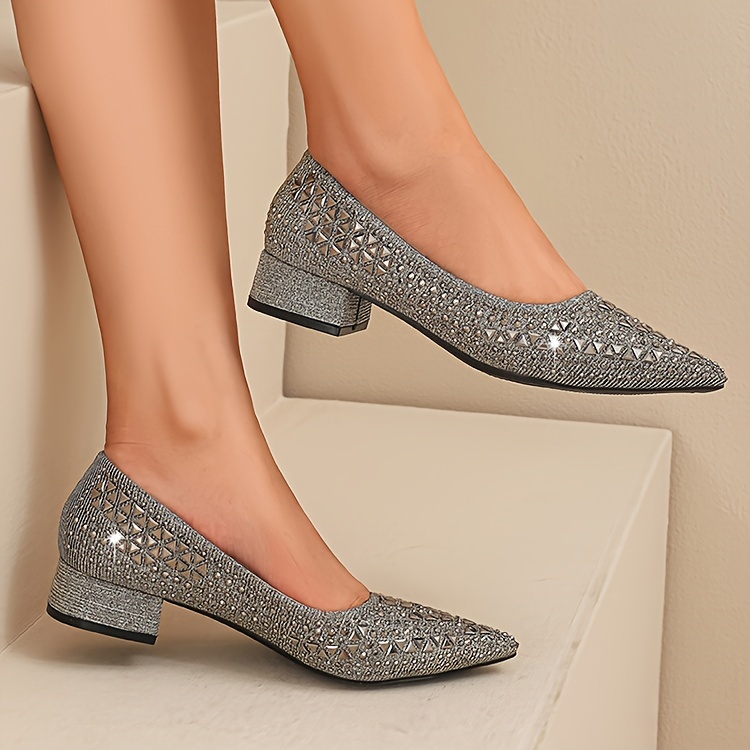 womens rhinestone pattern shoes slip on casual chunky heel large size shoes lightweight glitter party shoes details 9
