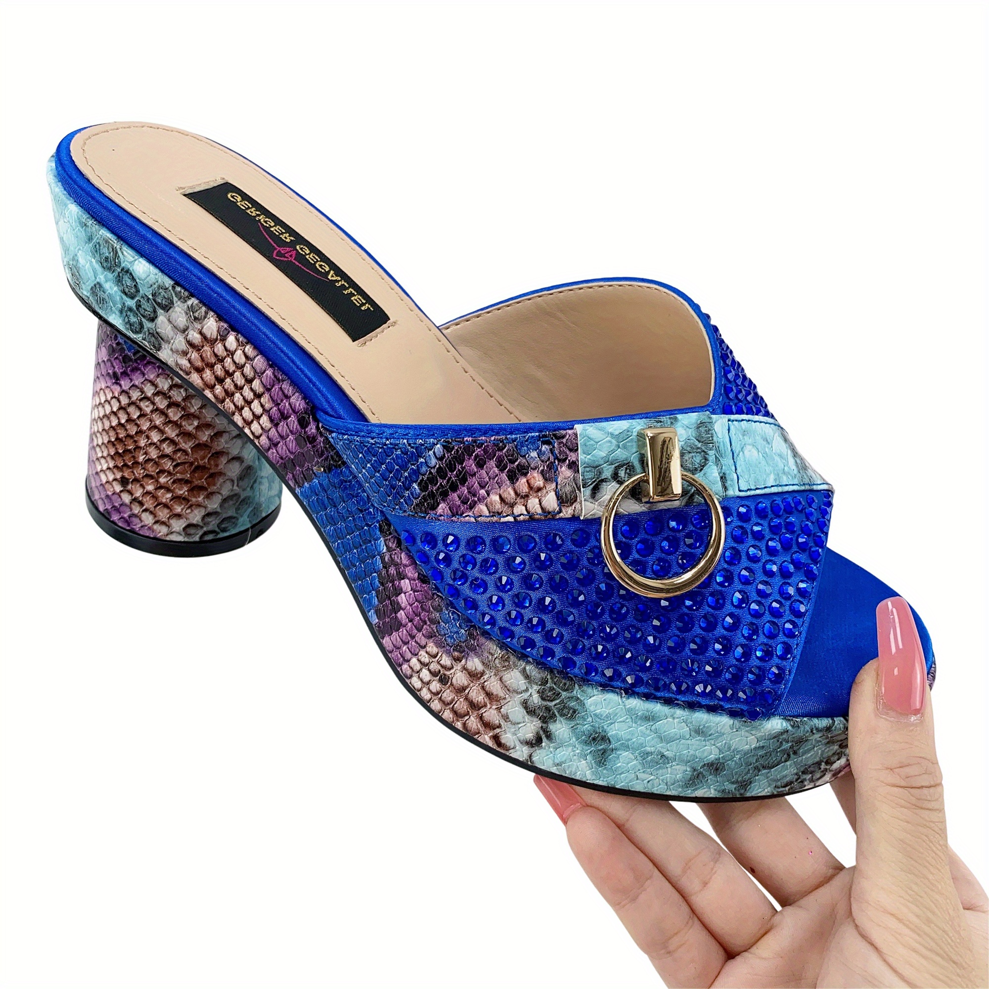womens snakeskin rhinestone pattern sandasl slip on peep toe platform chunky heel shoes summer casual party shoes details 2