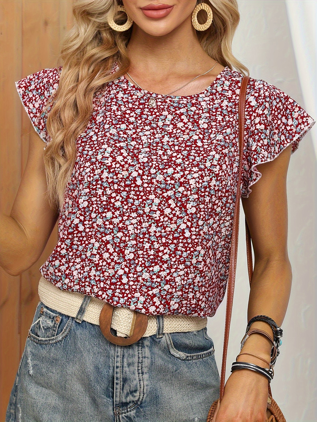 ditsy floral print blouse casual crew neck ruffle sleeve blouse womens clothing details 12