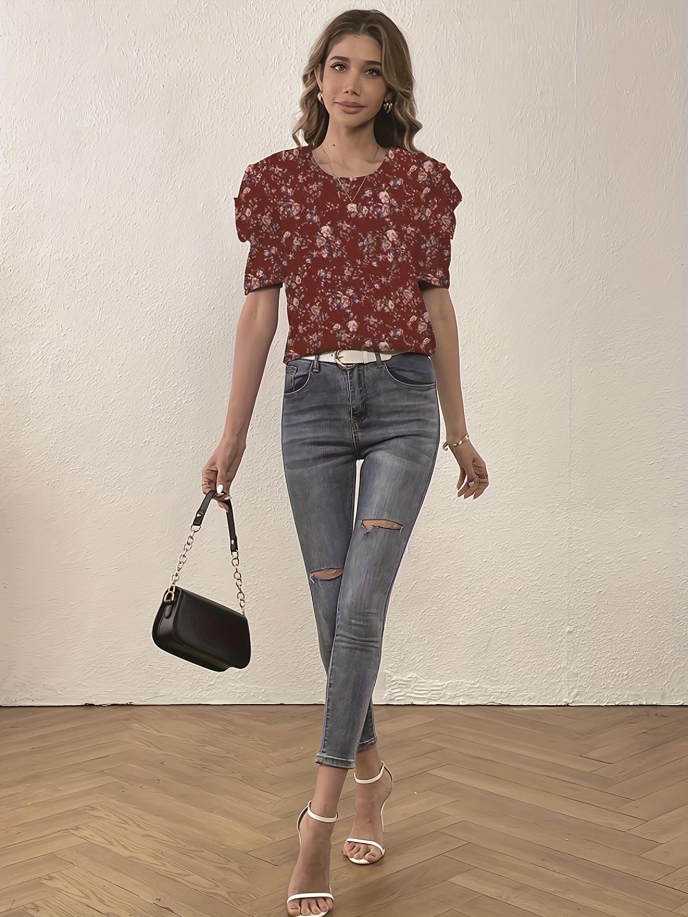 ditsy floral print blouse crew neck casual top for summer spring womens clothing details 9