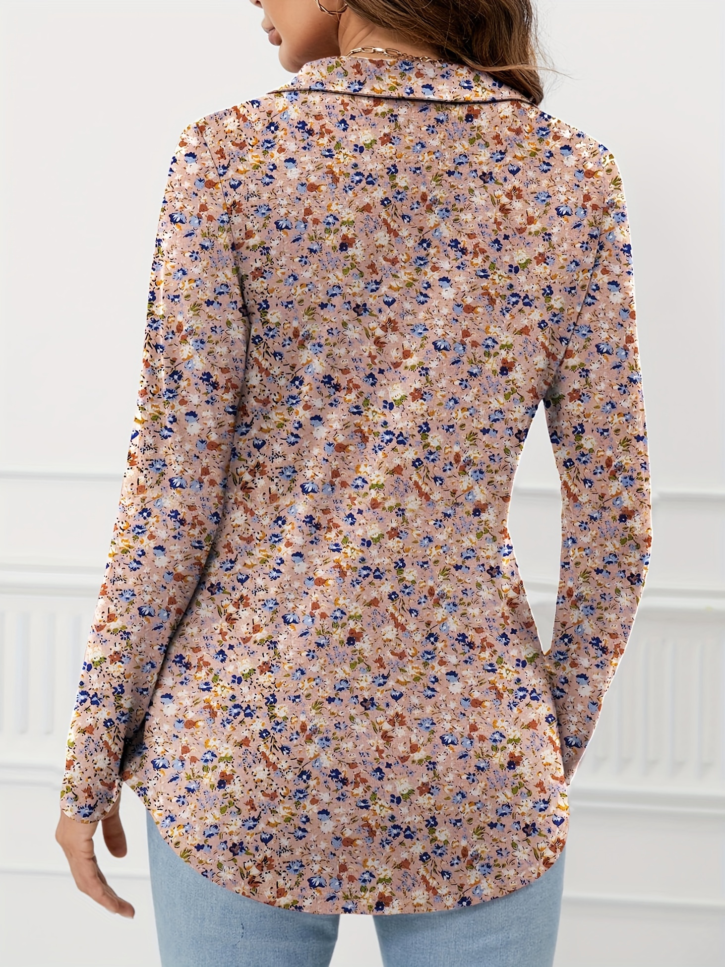 allover print v neck lapel blouse vintage long sleeve blouse for spring fall womens clothing details 1
