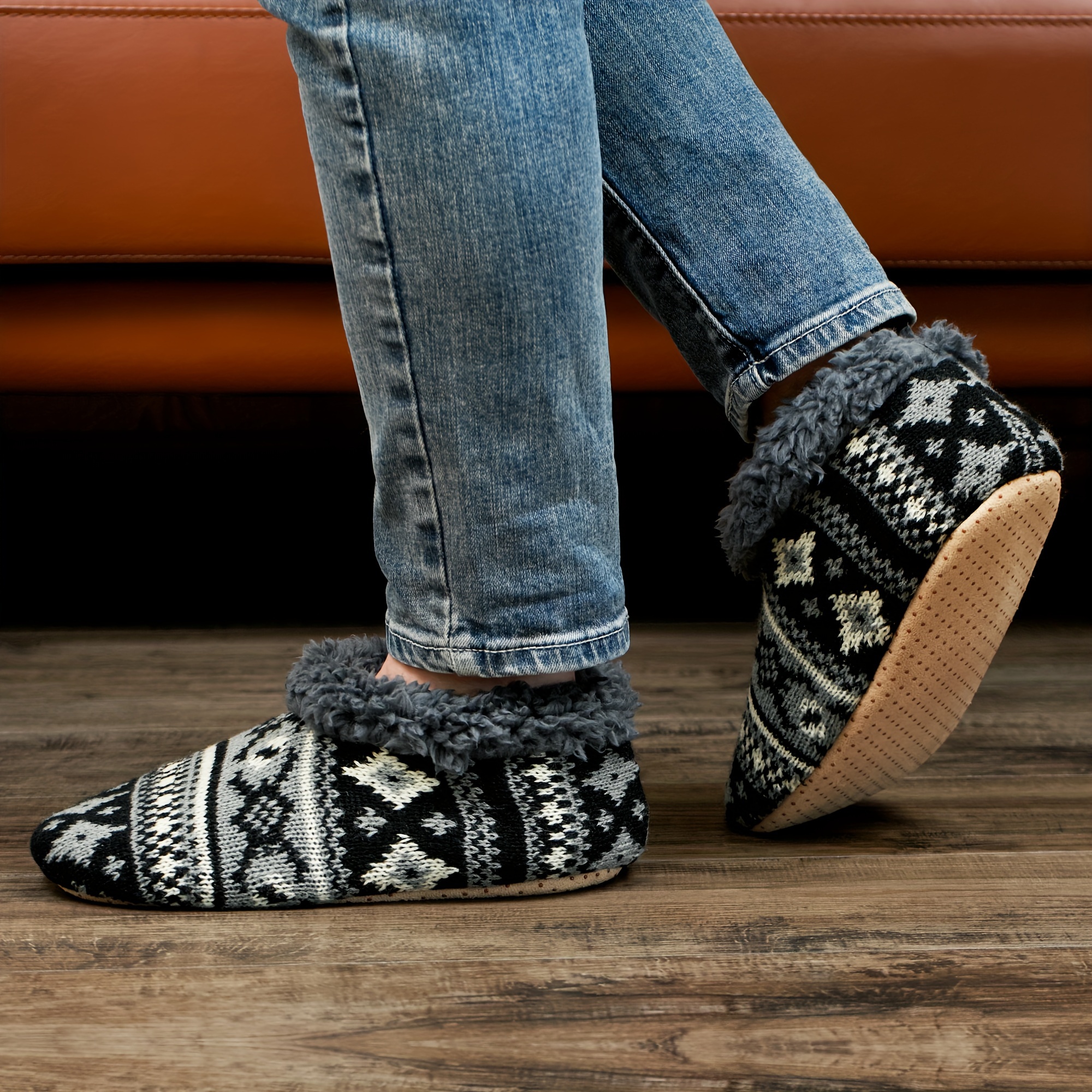 mens knit fabric warm home slippers fuzz lined soft sole slip on indoor shoes mens bedroom slippers spring autumn and winter details 2