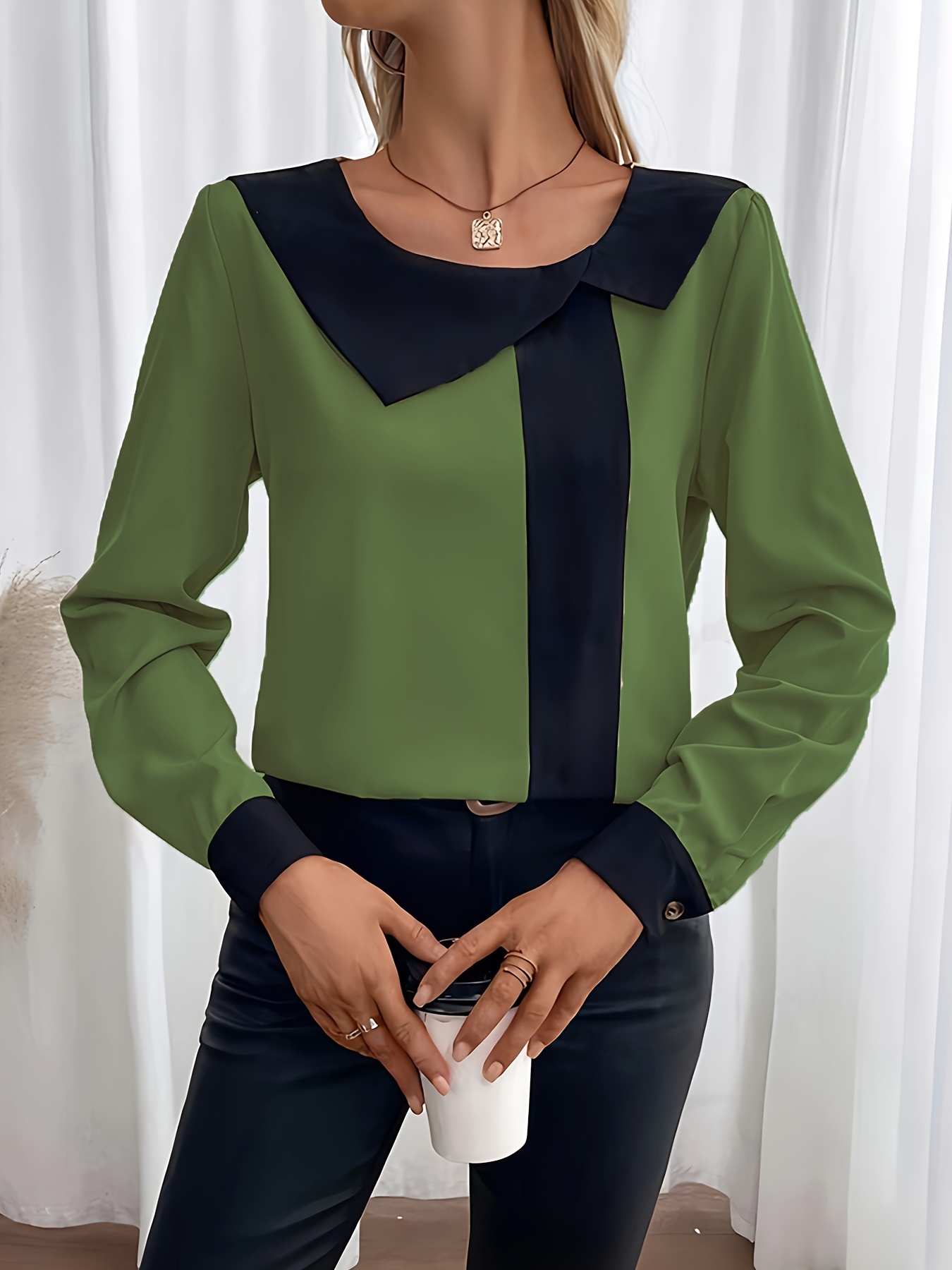 contrast trim collared blouse elegant long sleeve blouse for spring fall womens clothing details 2