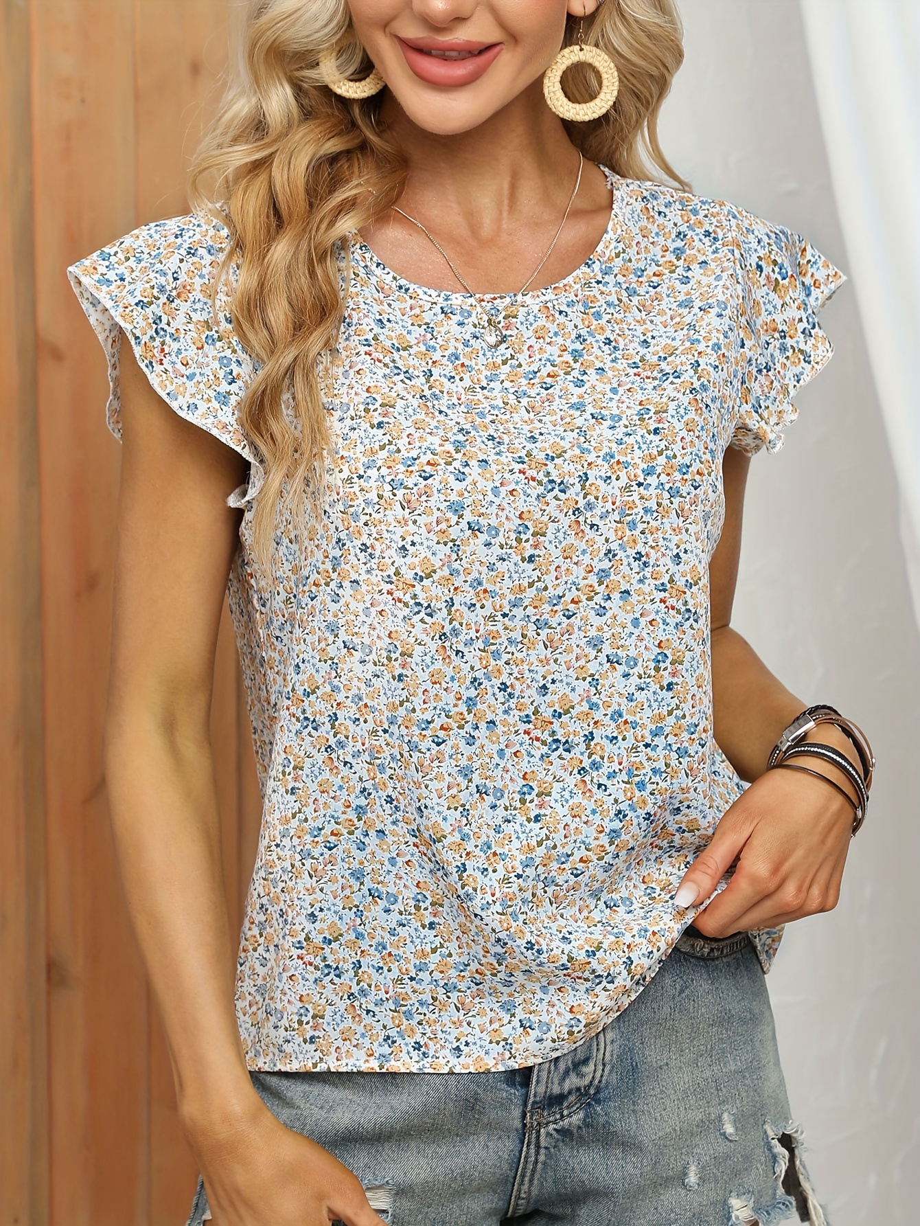 ditsy floral print blouse casual crew neck ruffle sleeve blouse womens clothing details 19