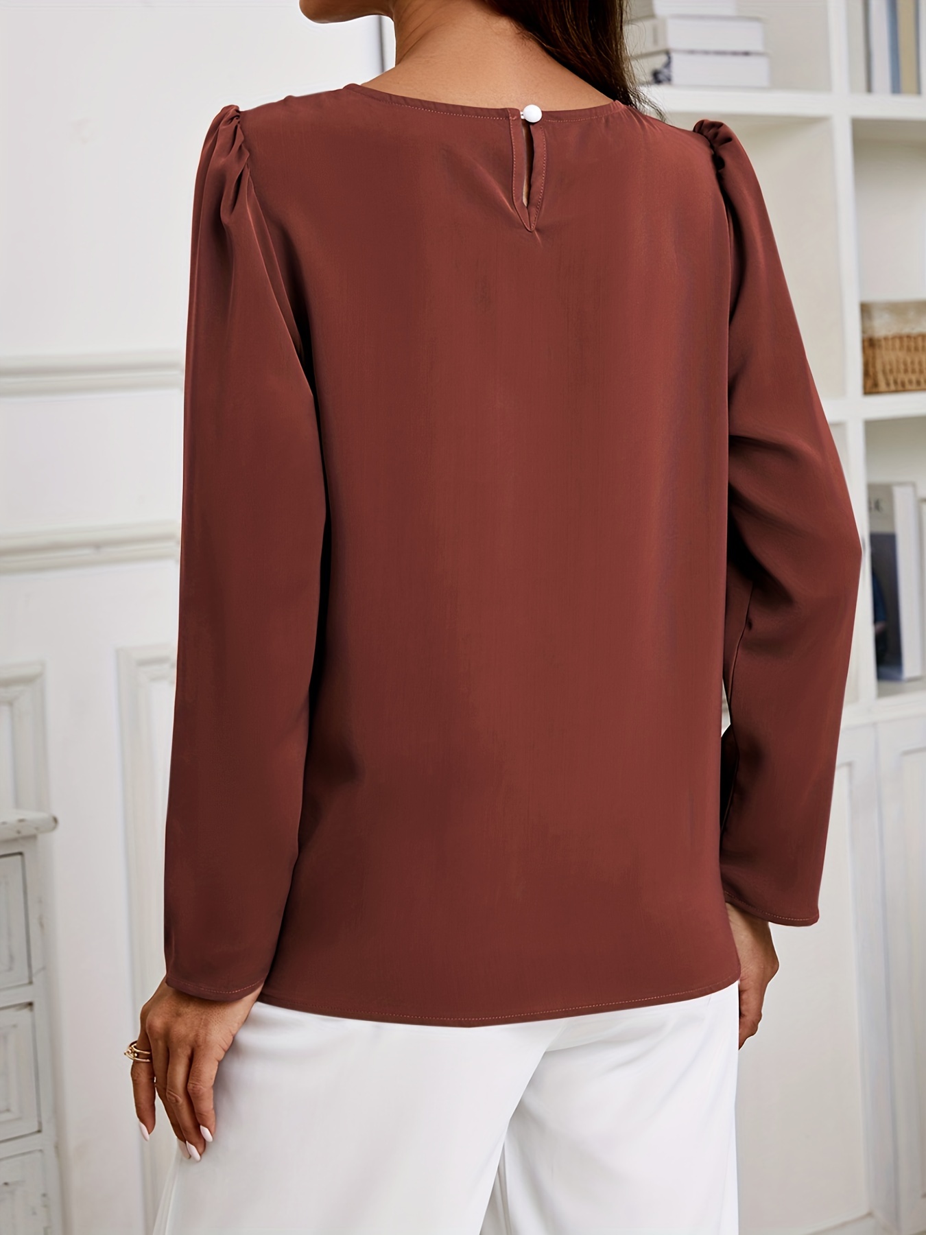 solid crew neck ruched blouse elegant long sleeve blouse for spring fall womens clothing details 39
