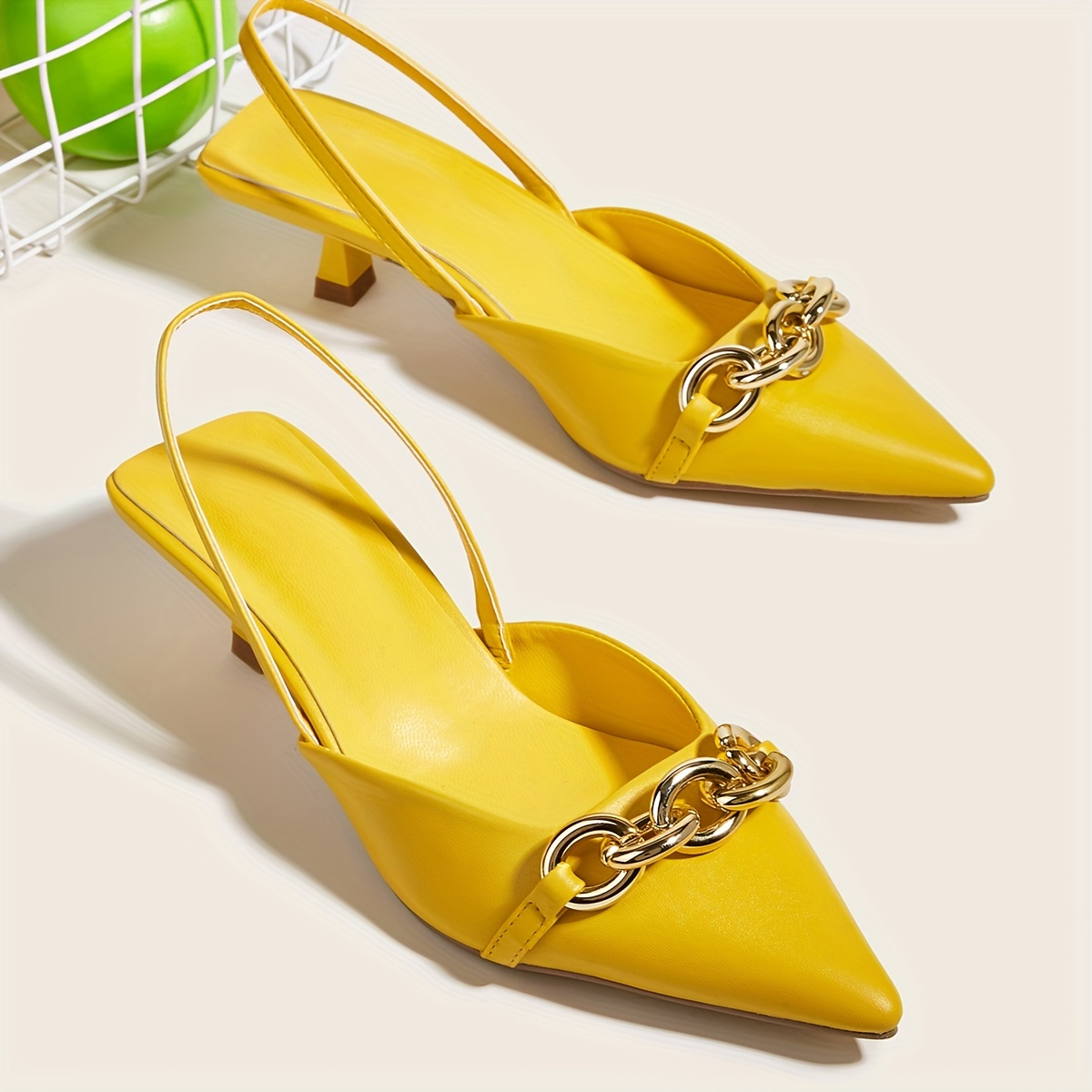 womens slingback kitten heels metallic chain decor pointed toe slip on sandals solid color dress low heels details 4