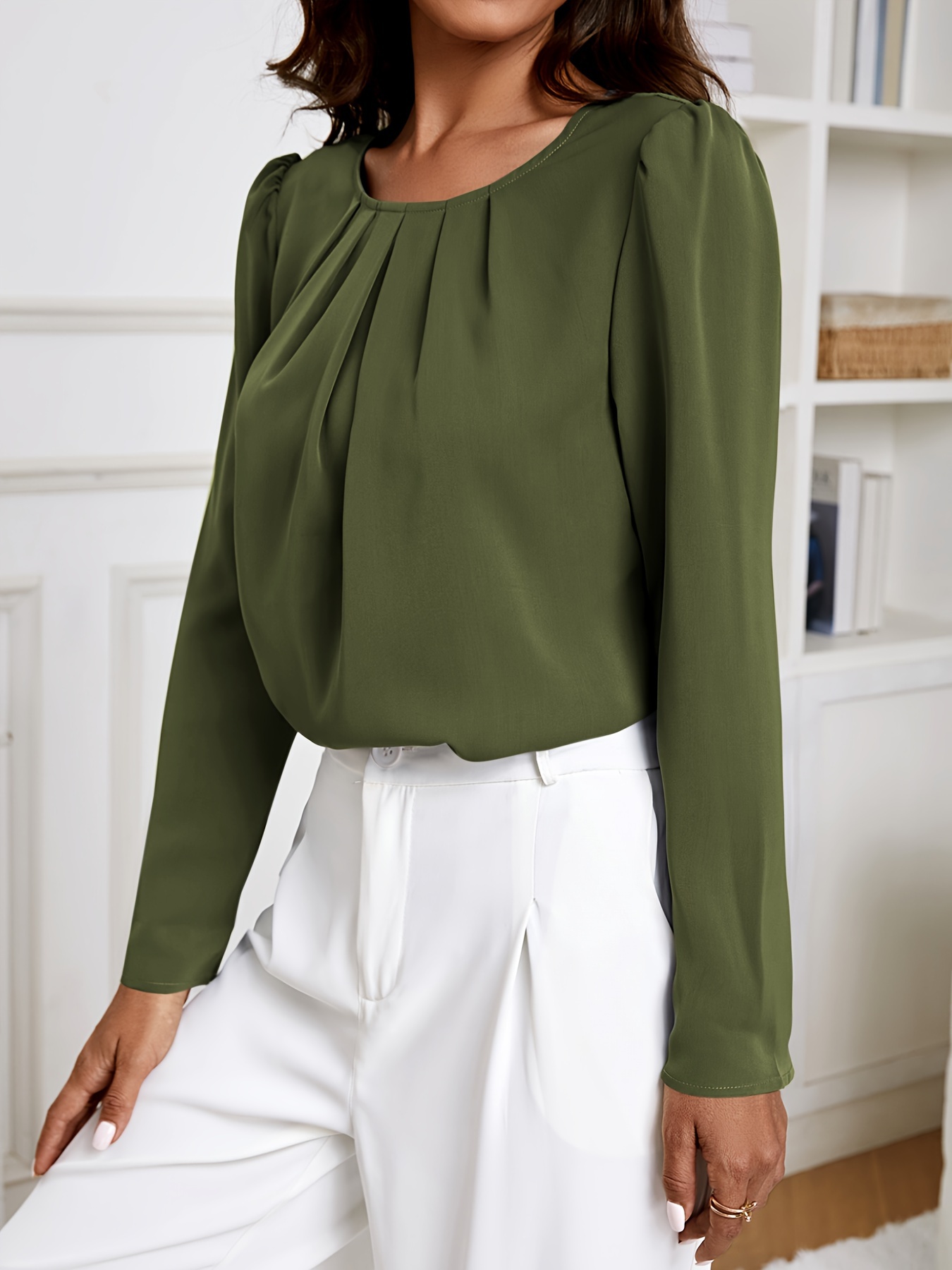 solid crew neck ruched blouse elegant long sleeve blouse for spring fall womens clothing details 25