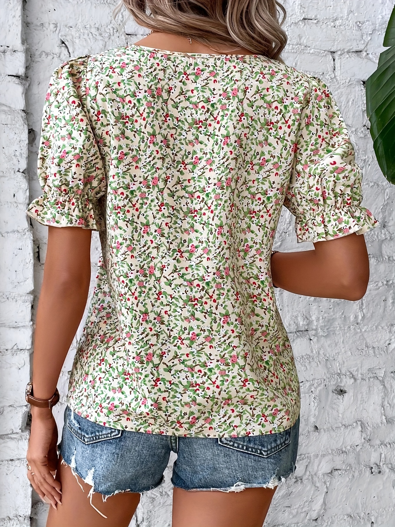 ditsy floral print blouse casual squared neck puff sleeve blouse womens clothing details 2