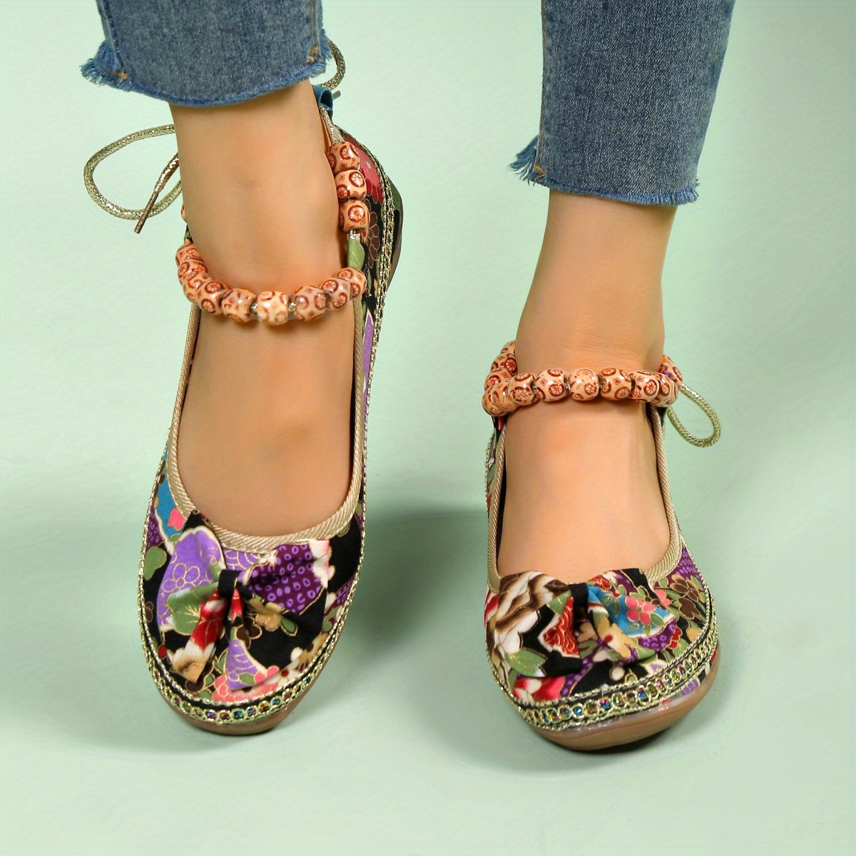 womens fashion bowknot decor linen flat shoes colorful beaded strap slip on wedge shoes ethnic style shoes details 2