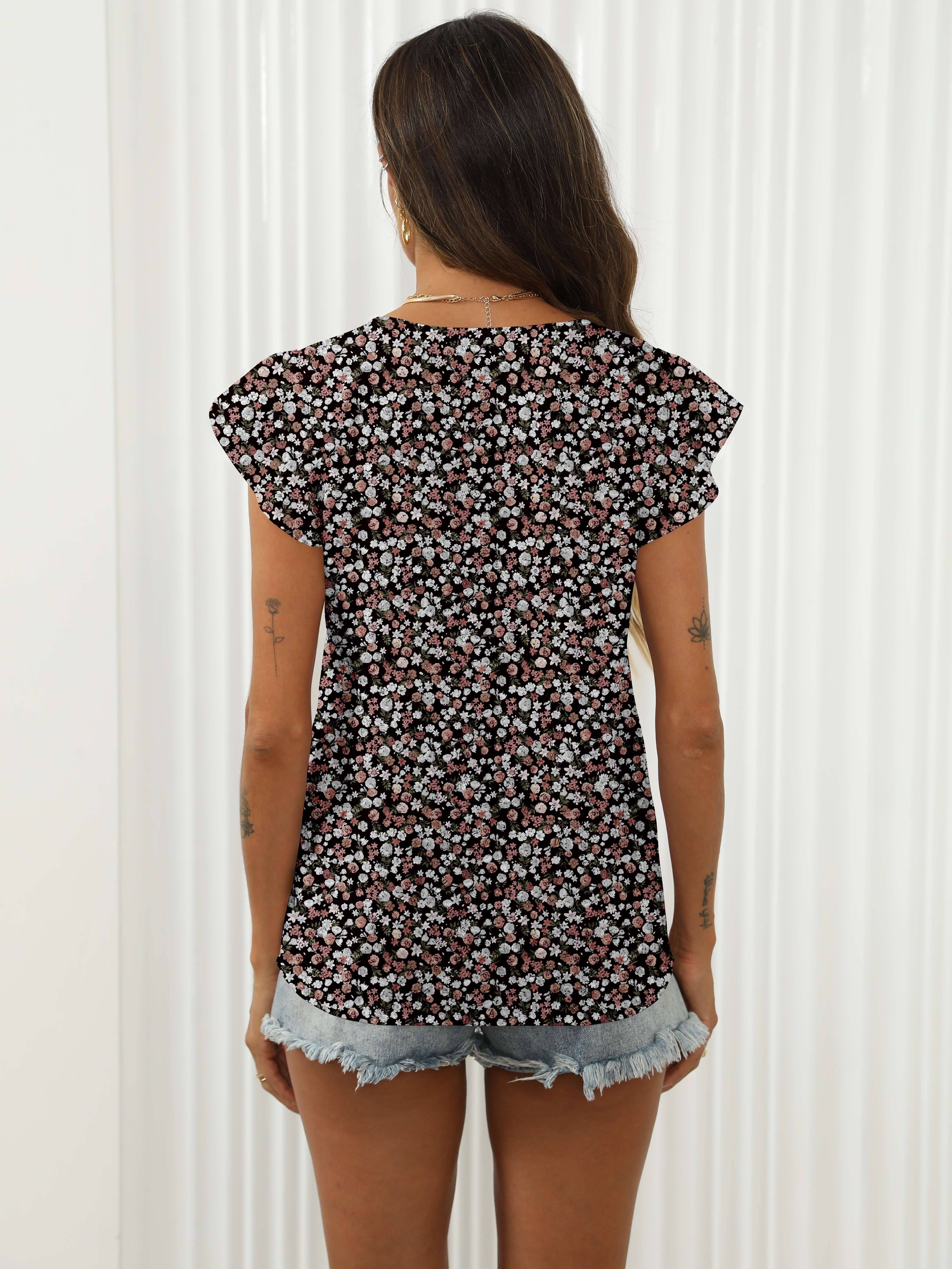 ditsy floral print blouse crew neck casual ruffle trim blouse womens clothing details 11