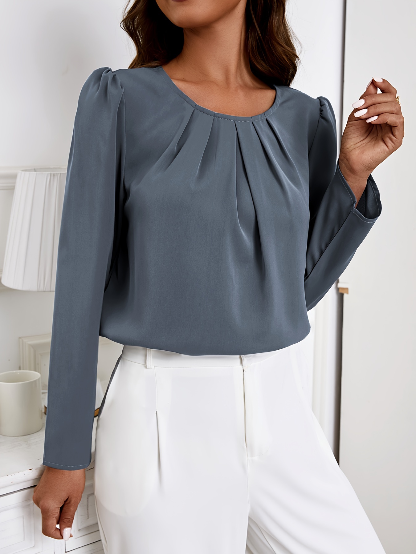 solid crew neck ruched blouse elegant long sleeve blouse for spring fall womens clothing details 53