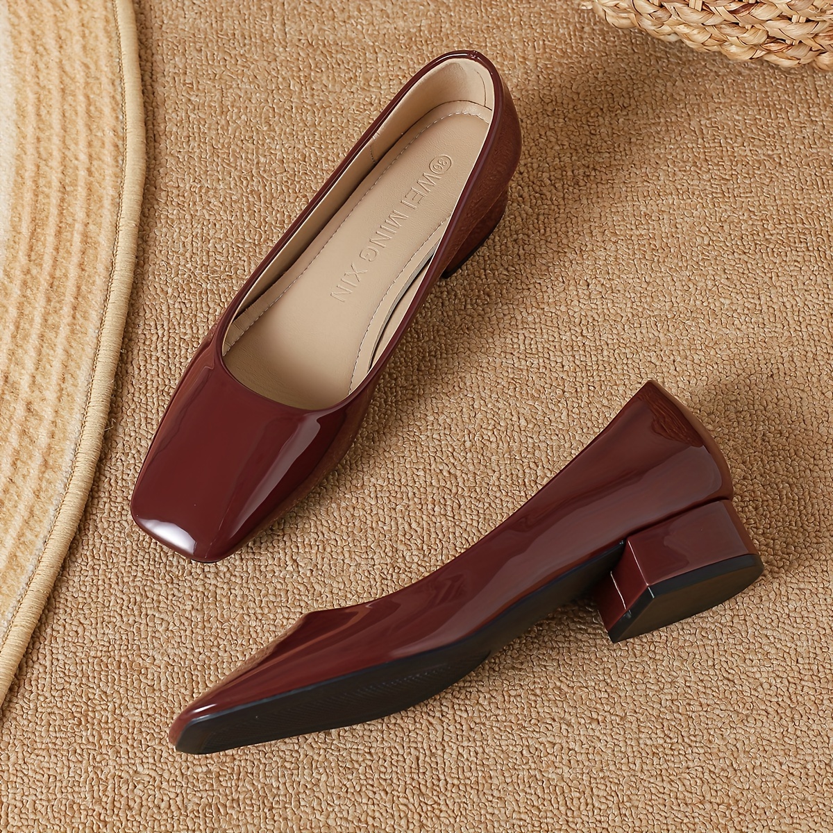 womens square toe chunky heels solid color slip on patent leather shoes all match work shoes details 13