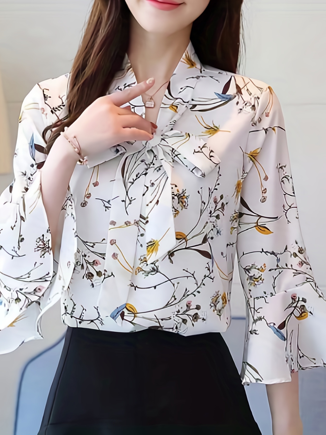 floral print tie neck blouse elegant flared sleeve work blouse womens clothing details 2