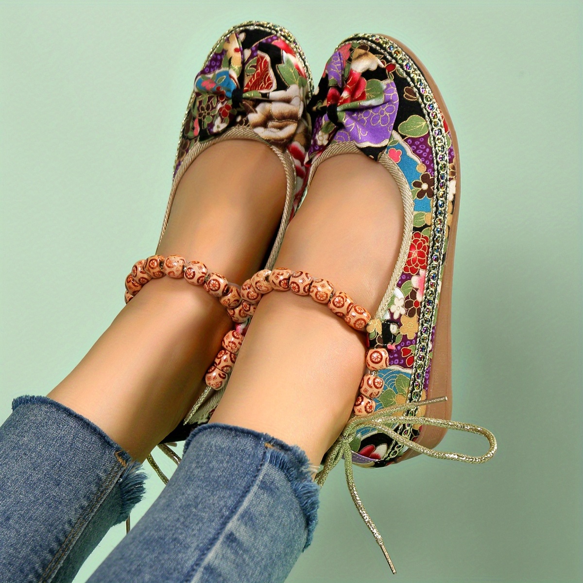 womens fashion bowknot decor linen flat shoes colorful beaded strap slip on wedge shoes ethnic style shoes details 1