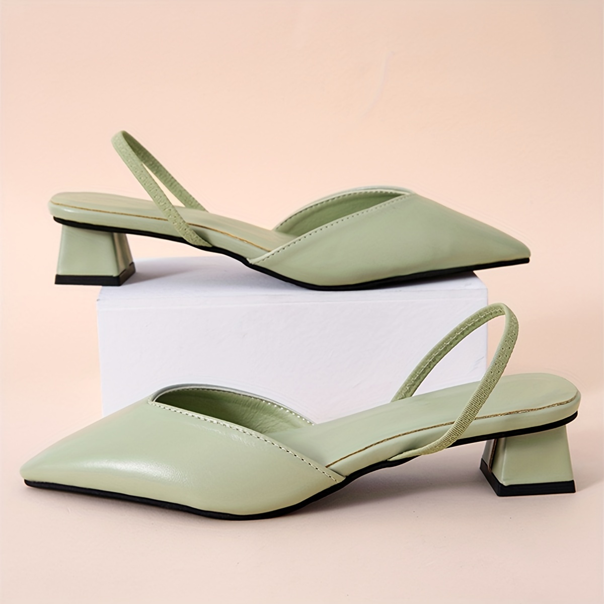 womens solid color chunky heels elegant point toe dress pumps stylish ankle strap heels details 3