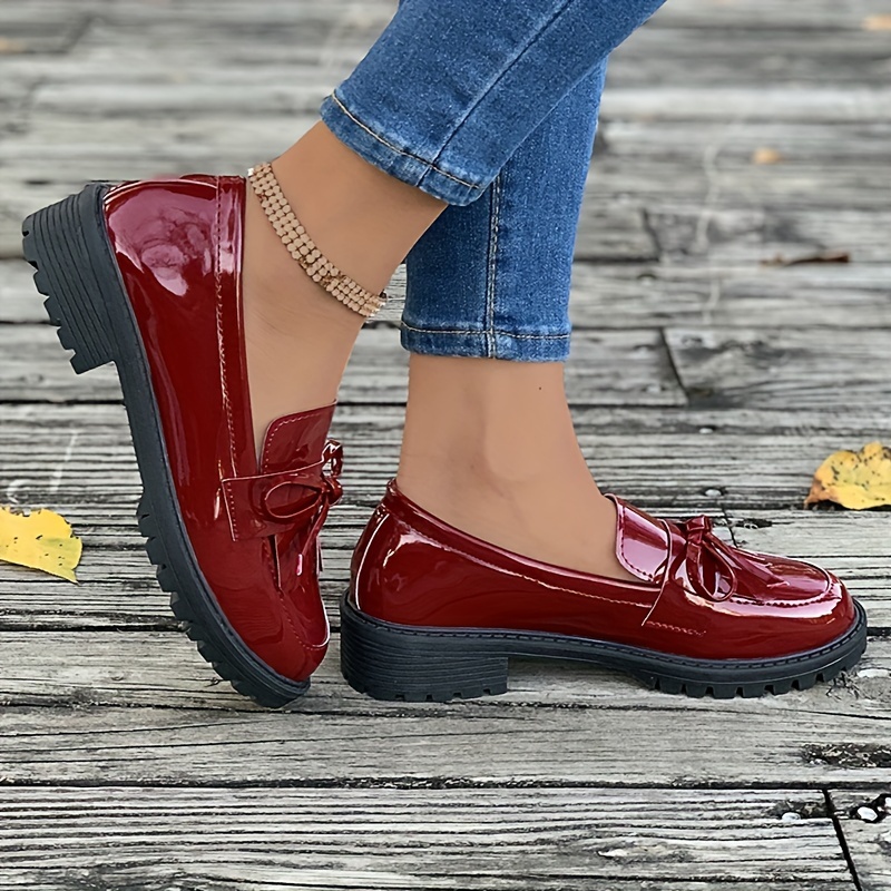 womens tassel bow loafers solid color round toe patent leather shoes all match slip on loafers details 2