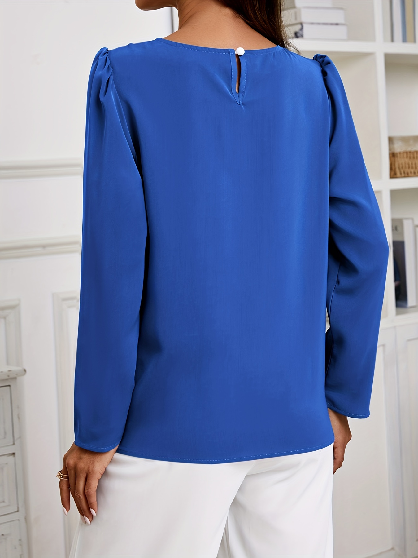 solid crew neck ruched blouse elegant long sleeve blouse for spring fall womens clothing details 3