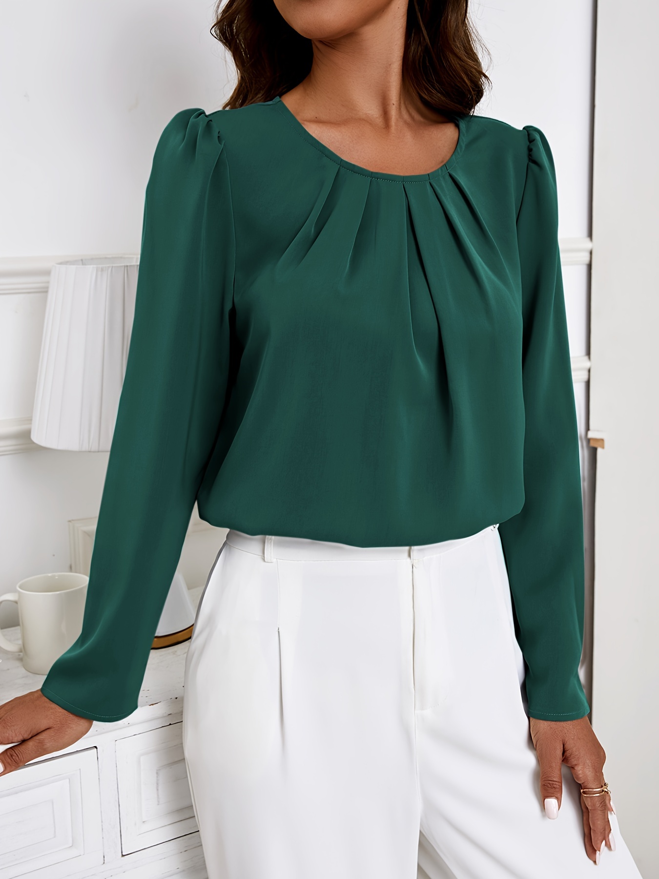 solid crew neck ruched blouse elegant long sleeve blouse for spring fall womens clothing details 16
