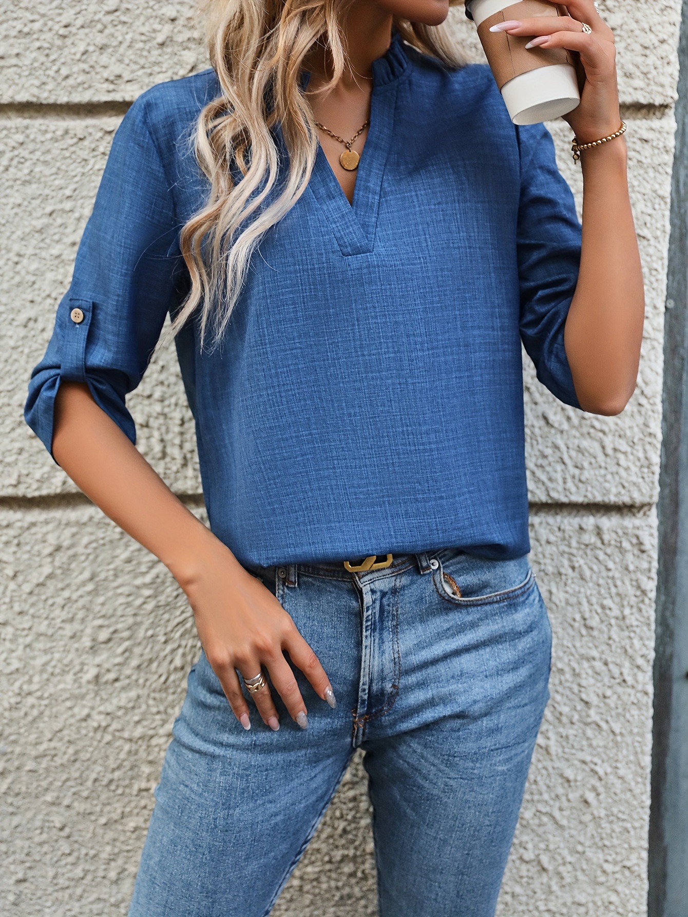 solid notched neck simple blouse casual 3 4 sleeve blouse for spring fall womens clothing details 1